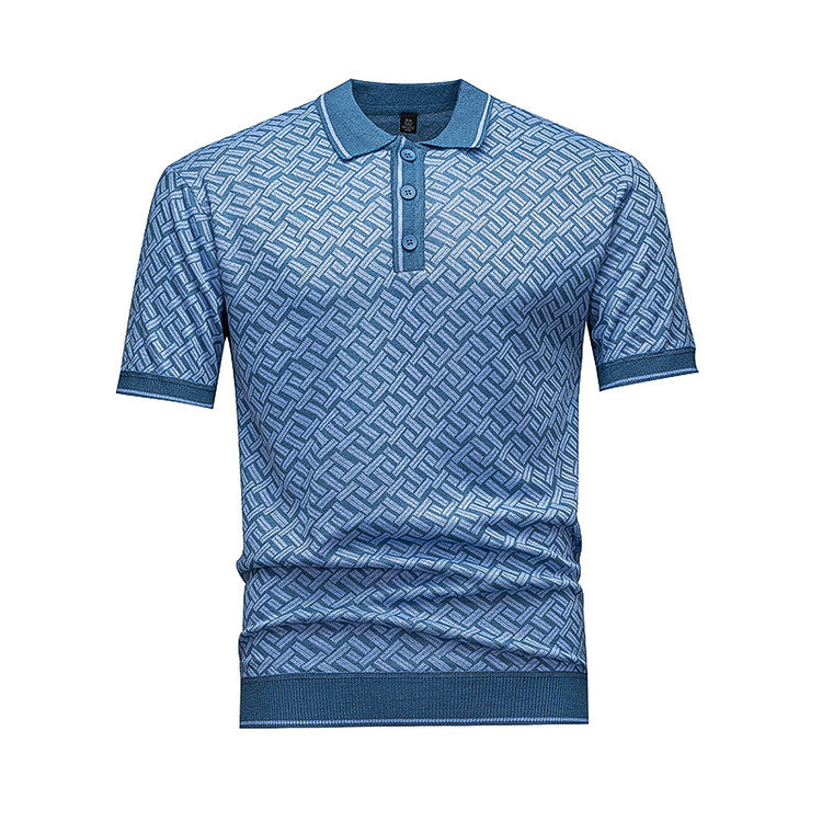 Men's Short Sleeve Knit Polo Shirt, Geometric Interwoven Pattern, Smart Casual, Black & Grey