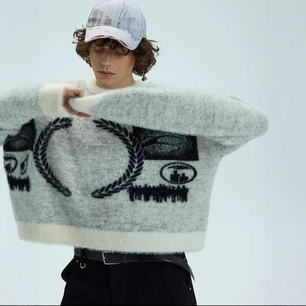 Mens American-style Cartoon Knitted Plush Color-block Crew-neck Sweater