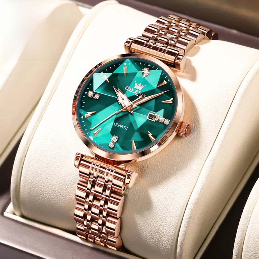Damen-Edelstahl-Uhr Roségold Blaues Zifferblatt Zirkon