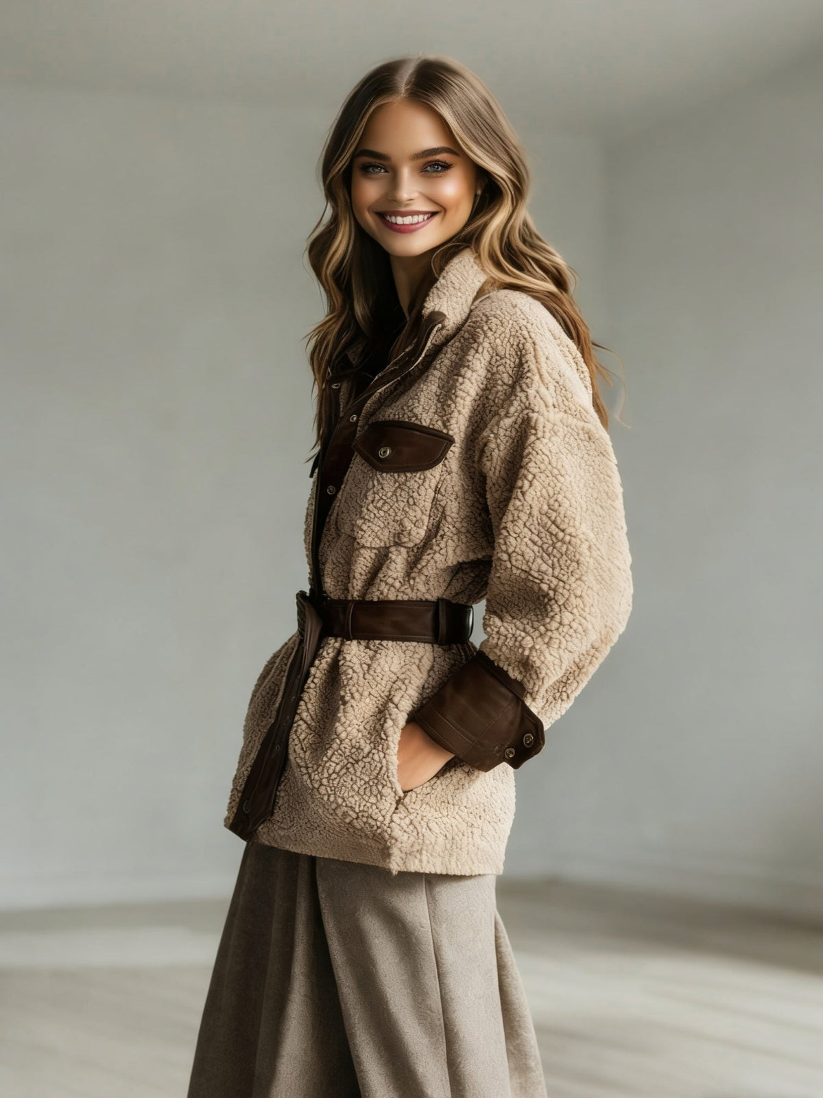 Women’s Vintage PU Leather Jacket – Lamb Fur Lined Autumn Winter Coat