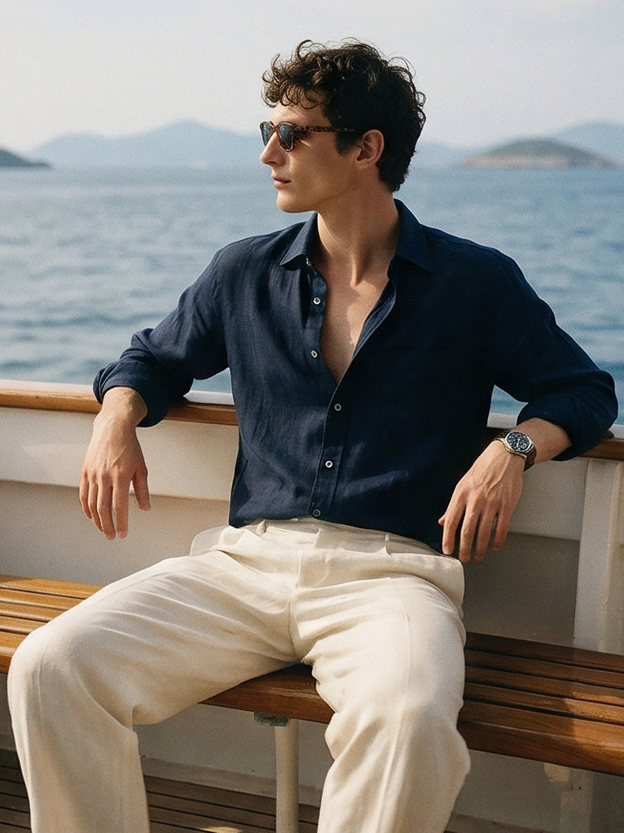Mens Linen Long-sleeve Casual Breathable Shirt