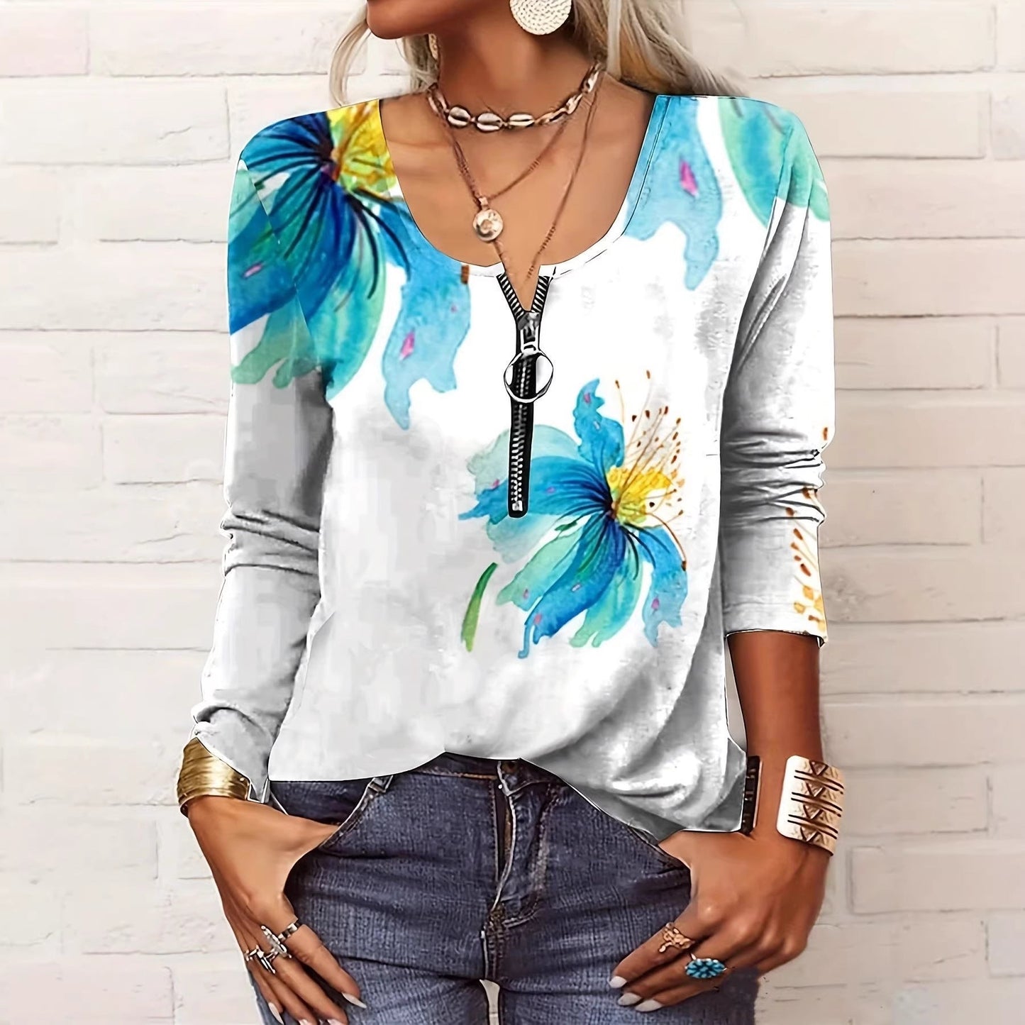 Womens Long-sleeve Printed T-shirt With A Zipper