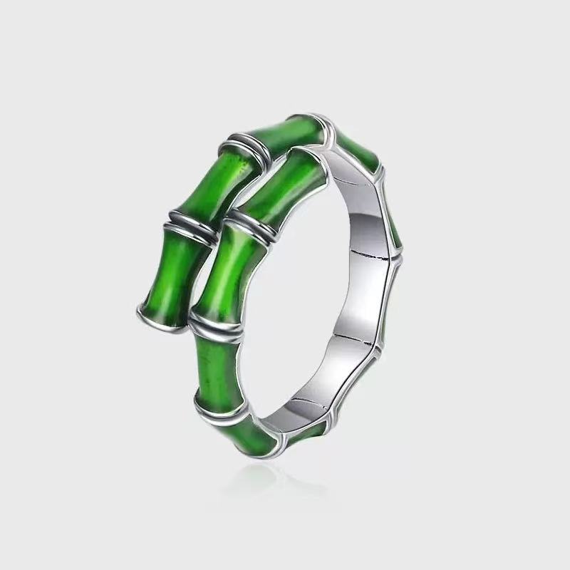 Open Adjustable Green Bamboo Rings, Enamel Drip Oil Unique Design Women Statement Band Rings