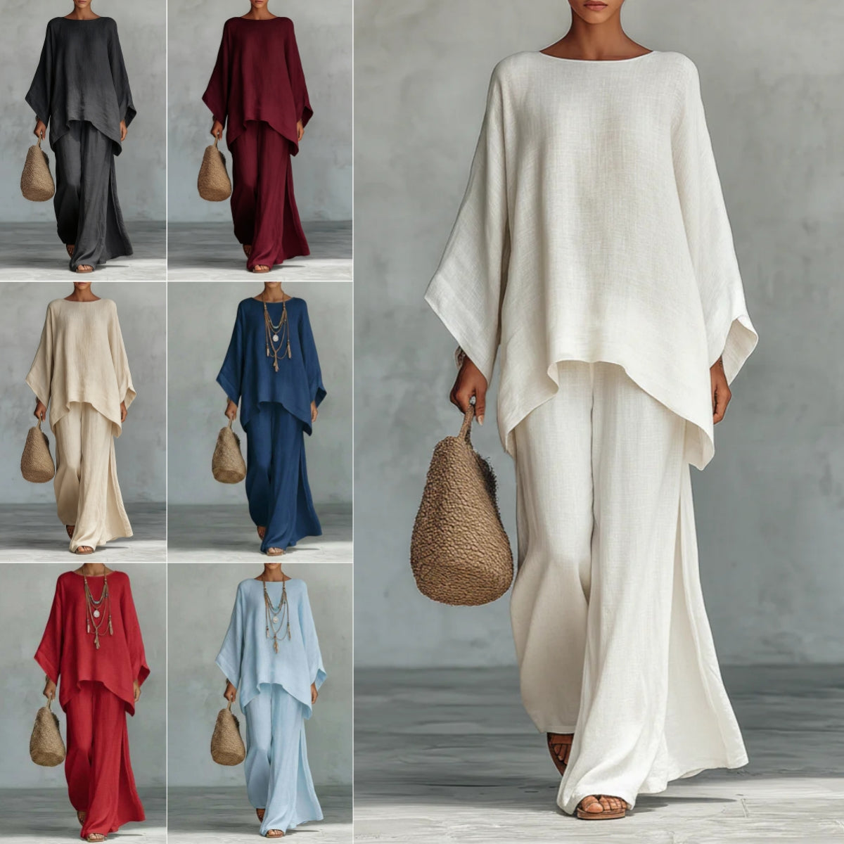 Casual 2-piece Set Loose Long-sleeved Wide-leg Trousers For Womens Minimalist Relaxed-fit Top And Wide-leg Pants Set For Daily Wear Work Vacation Outfits