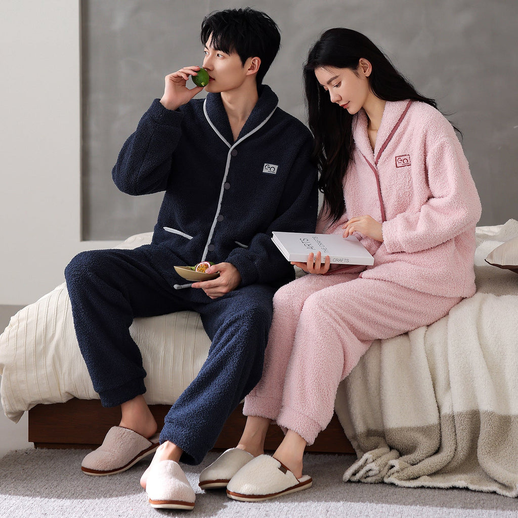 Flannel Thick Warm Long Sleeves Coral Fleece Couple Pajamas Suit
