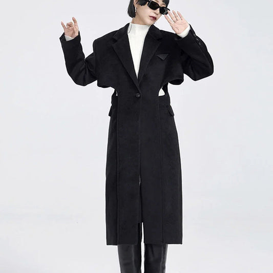 Fake Two-piece Hollow-out Long Wool Coat
