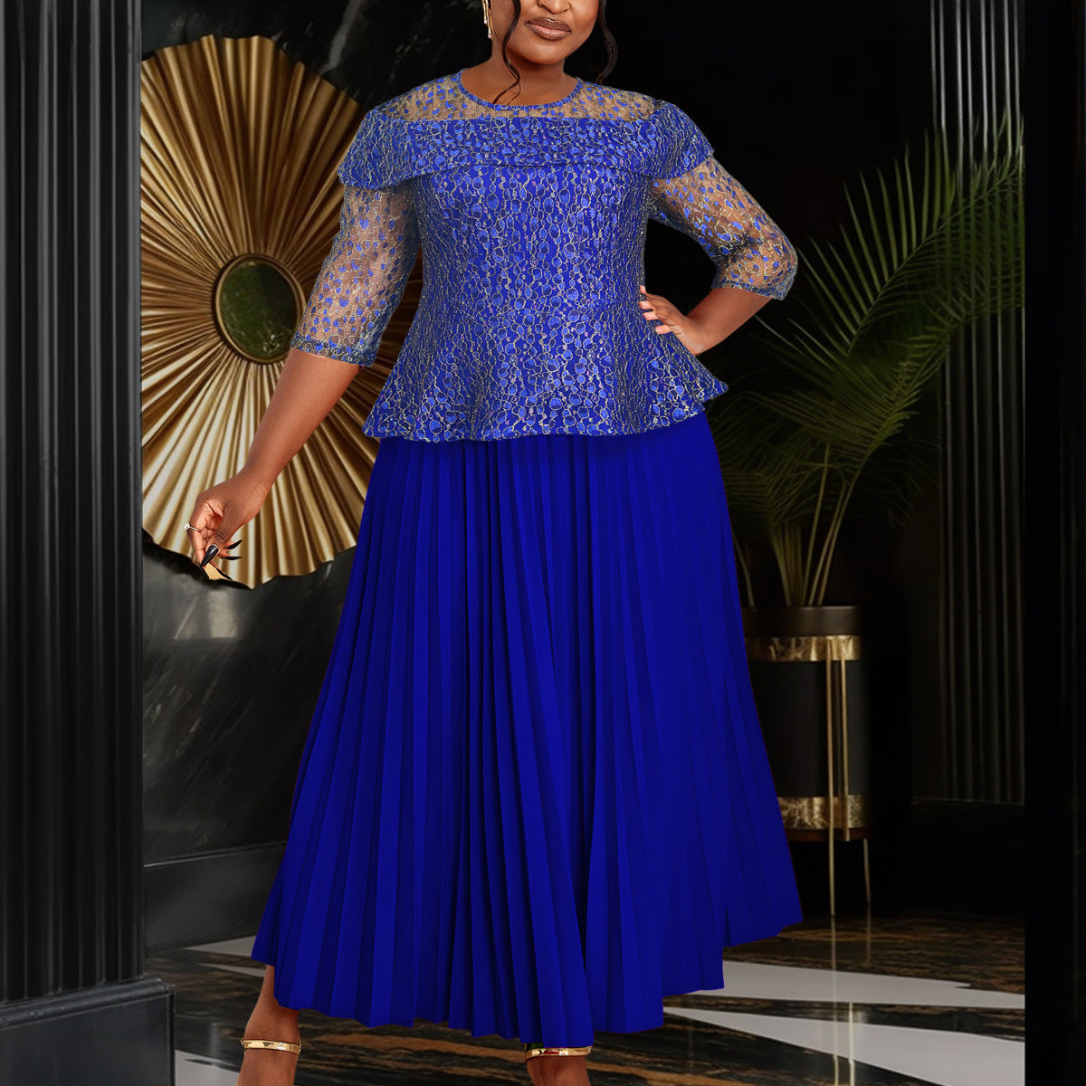 Women's Solid Color Versatile Lace Long Sleeved Pleated Skirt