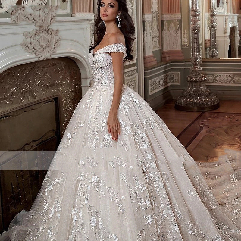 Off-shoulder French-style Bride Trailing Mori Style Simple Small Wedding Dress