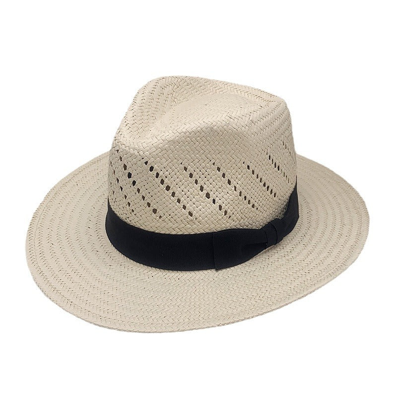 Striped Bow Flat-brimmed Jazz Straw Top Hat