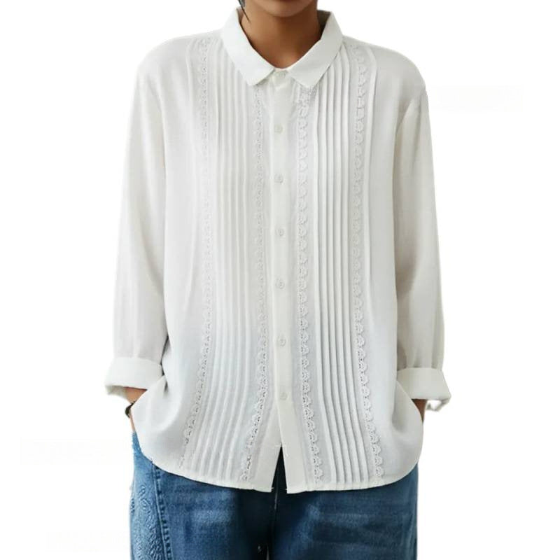 Womens Cotton-Linen Long-Sleeve Loose Shirt With Lace Trim