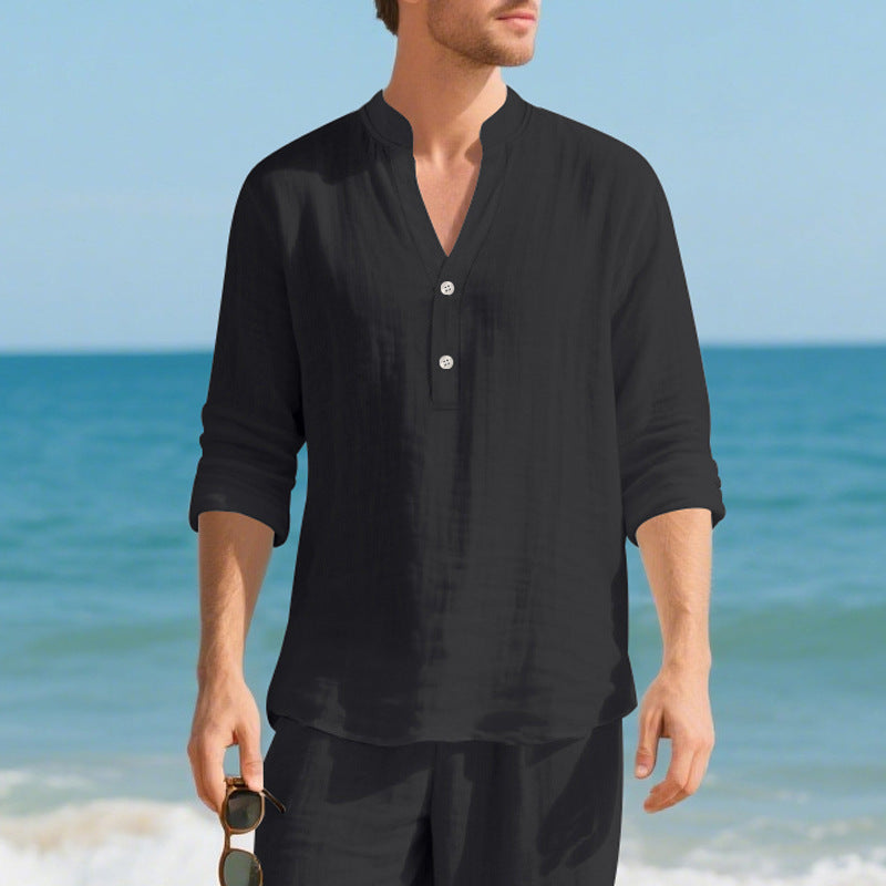 Autumn Linen Men's Long-Sleeve T-Shirt With Stand Collar And Buttons