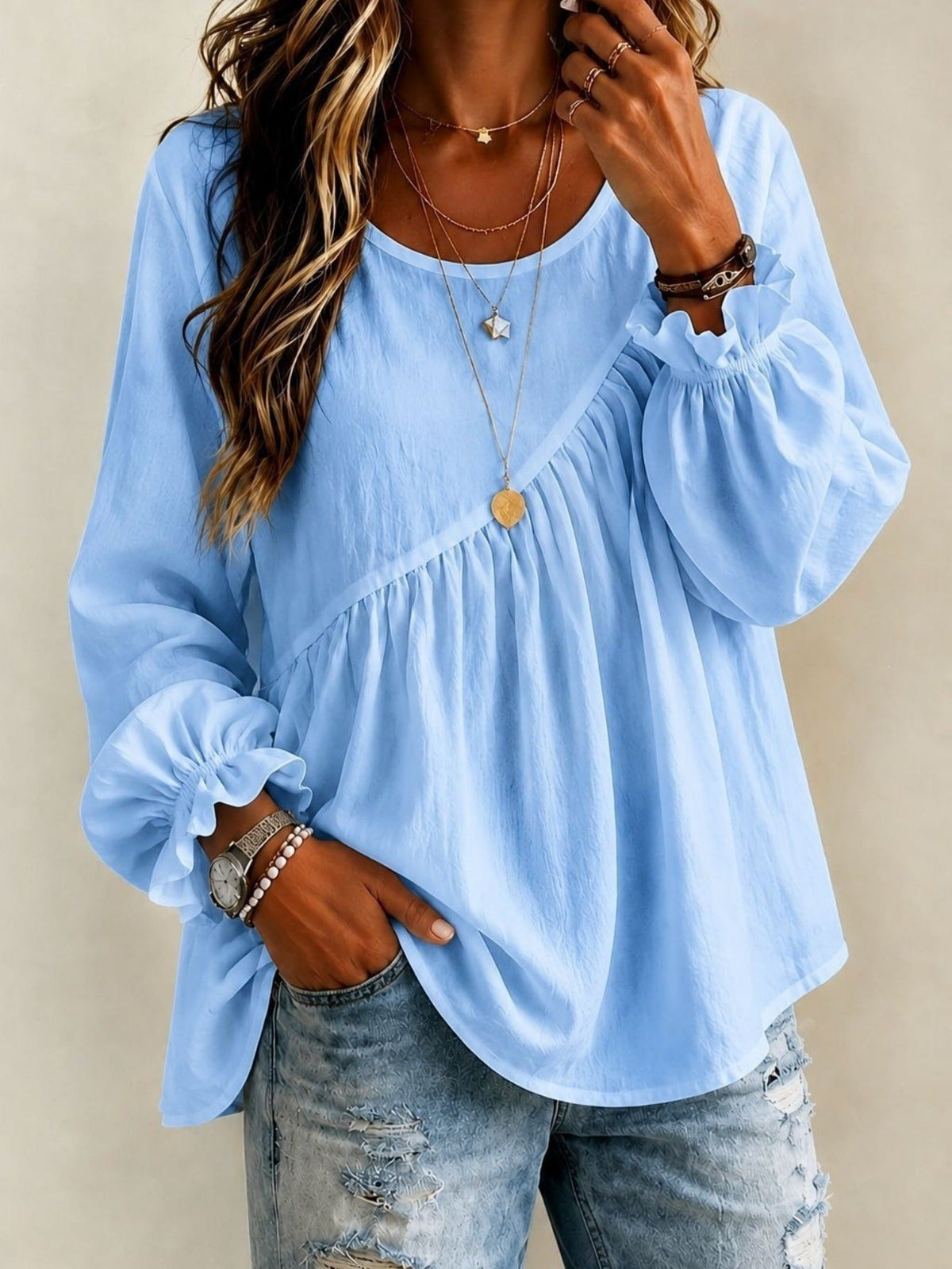 2026 New Cross-Border European And American Style Women's Solid Color Round Neck Long Sleeve Ruched Shirt Top, Casual Versatile Loose Fit