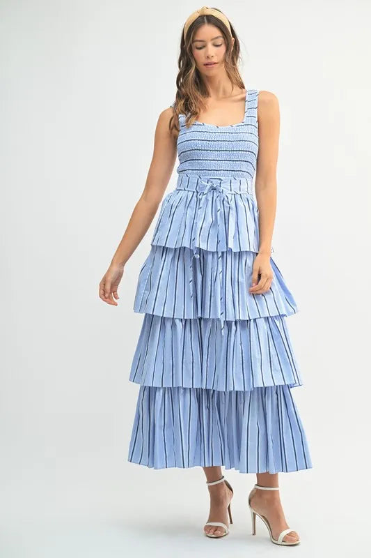 Pin Stripe Smocked Bodice Layered Midi Dress – Smocked Bodice Dress, Fluttering Pinstripe Midi Dress, Layered Midi Dress, Trendy Midi Dress, Flattering Pinstripe Dress