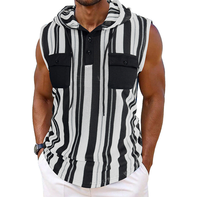 Men's Striped Sleeveless Hooded Vest Pocket