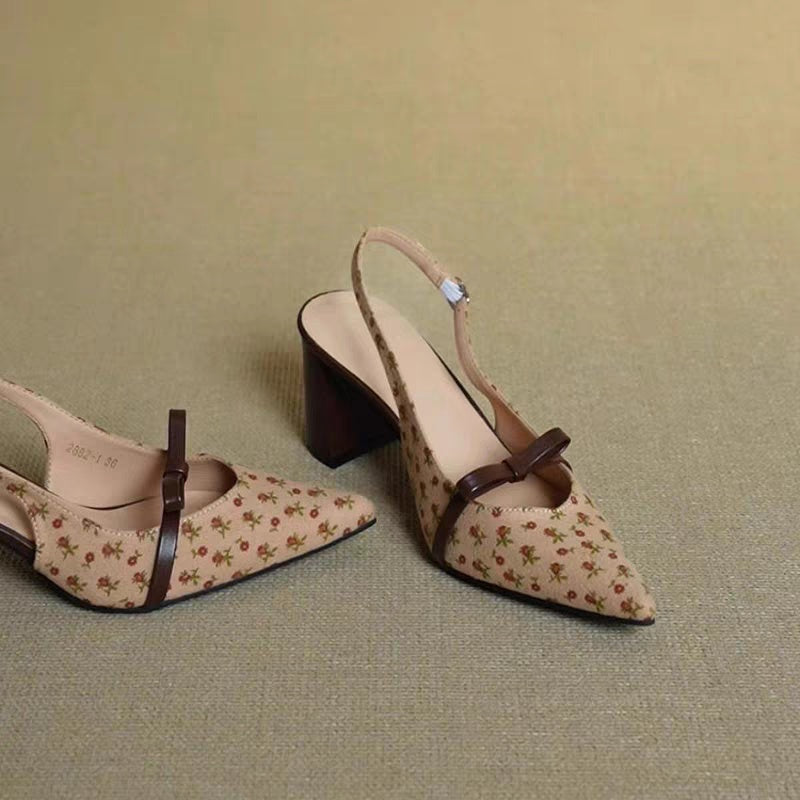 Apricot Bow Polka Dot Pointed Toe Block Heel Sandals, Elegant Gentle Style Women Closed Toe High Heels