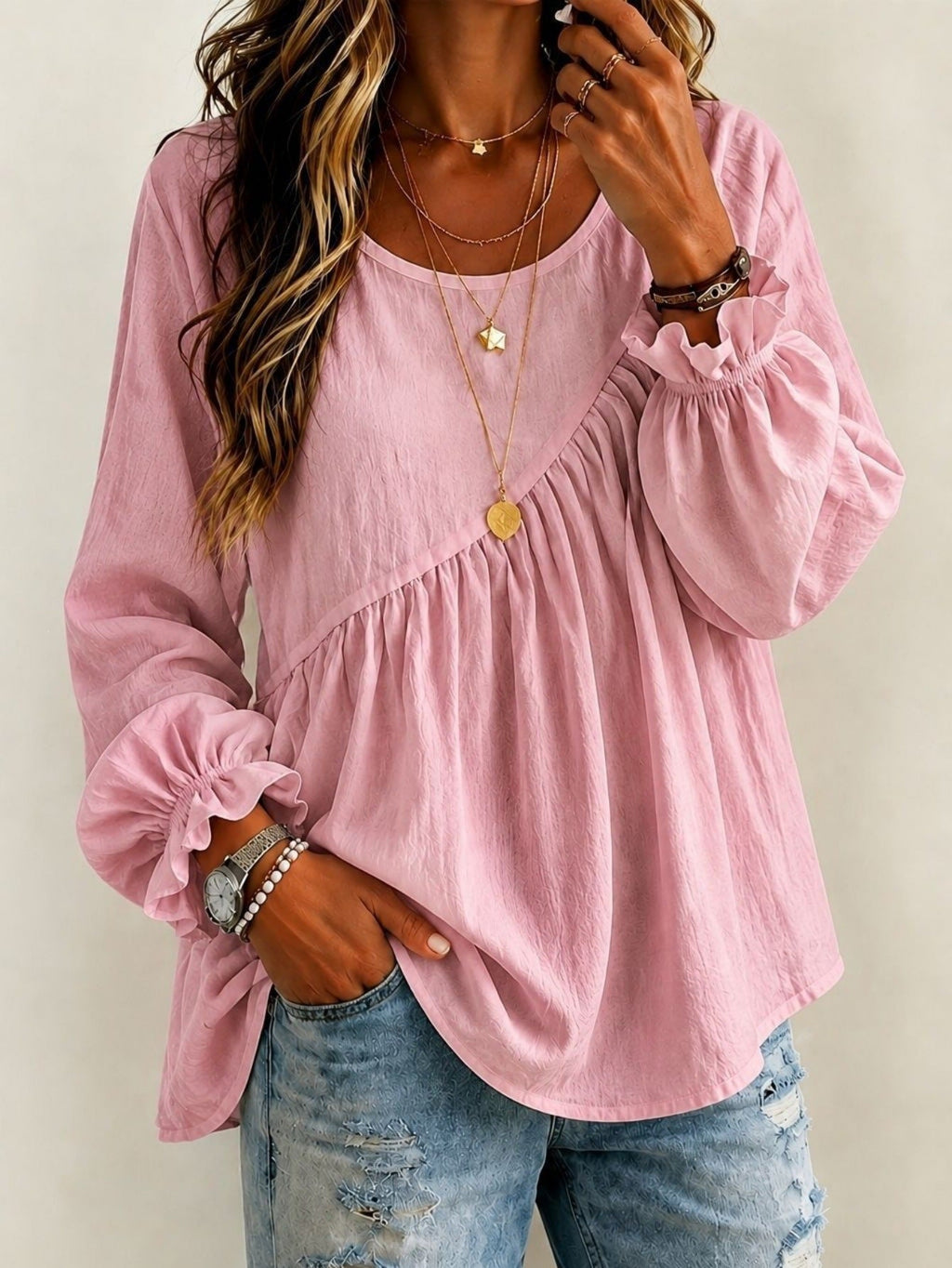 2026 New Cross-Border European And American Style Women's Solid Color Round Neck Long Sleeve Ruched Shirt Top, Casual Versatile Loose Fit