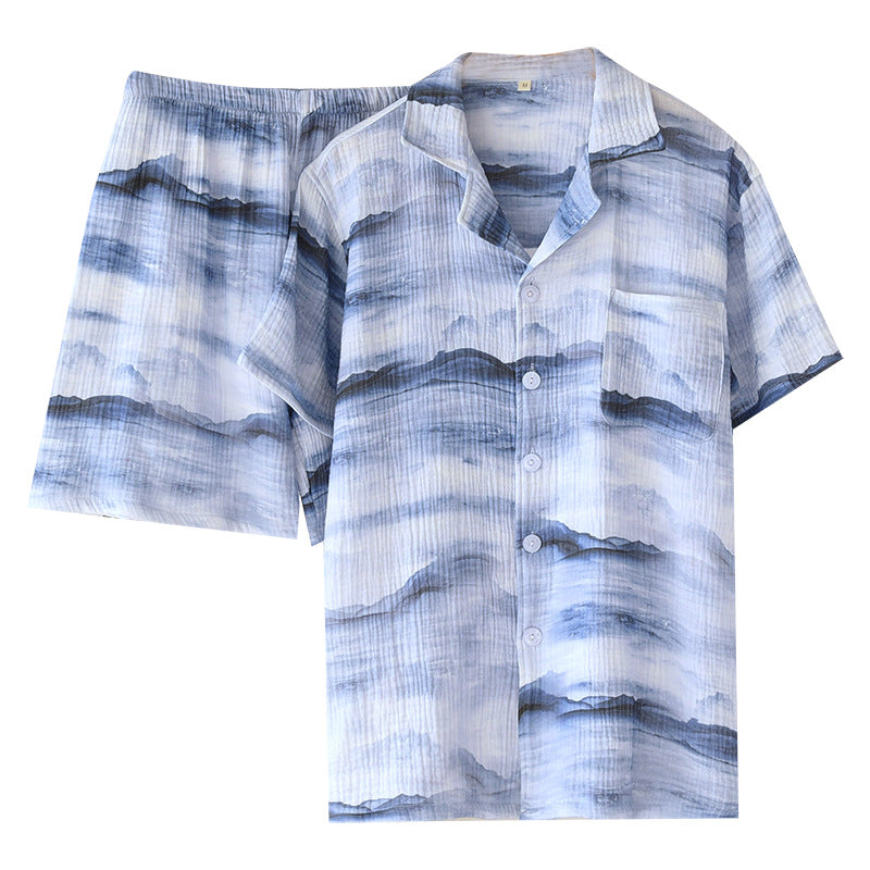Cotton Double Yarn Crepe Short Sleeve Shorts Men's Pajamas Suit