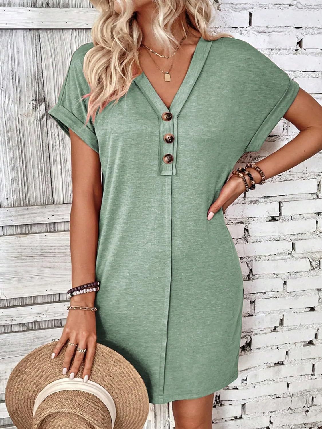 Elegant Button V-Neck Short Sleeve Dress Flattering Casual & Office Wear Simple Dress