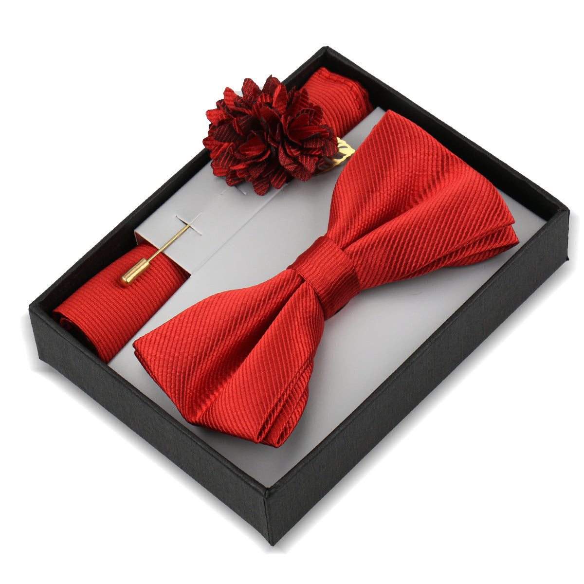 Mens Bow Tie, Pocket Square, And Brooch Gift Set