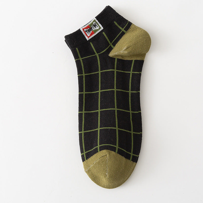 Mens Cotton Socks Plaid Pattern Low-cut All-season
