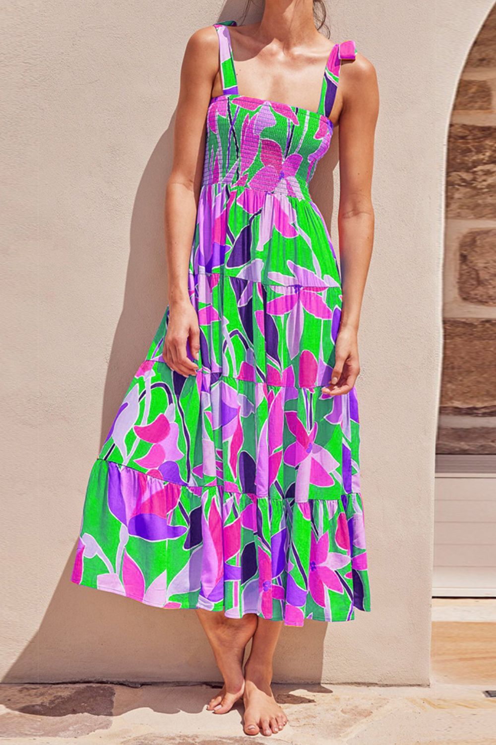 Long Floral Tie-Shoulder Smocked Midi Dress Perfect For Vacation & Summer Days