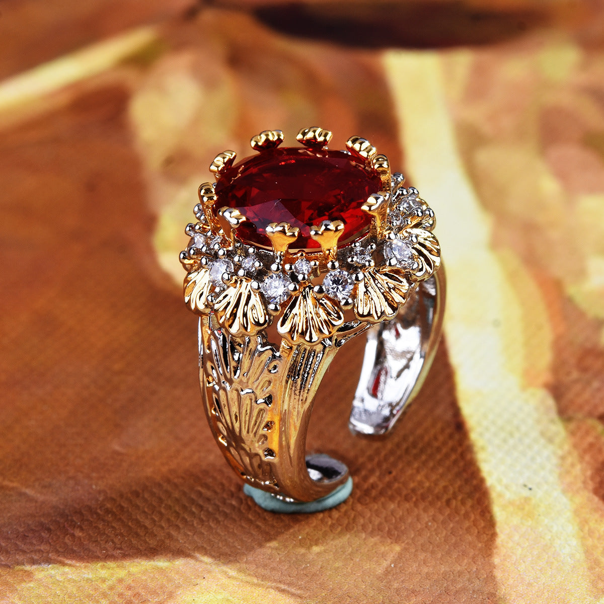 Vintage Two Tone Floral Prong Adjustable Open Ring For Women, Square Cut Scarlet Tone Simulated Zirconia Full Micro Pave Rhinestone Light Luxury Party Statement Finger Jewelry
