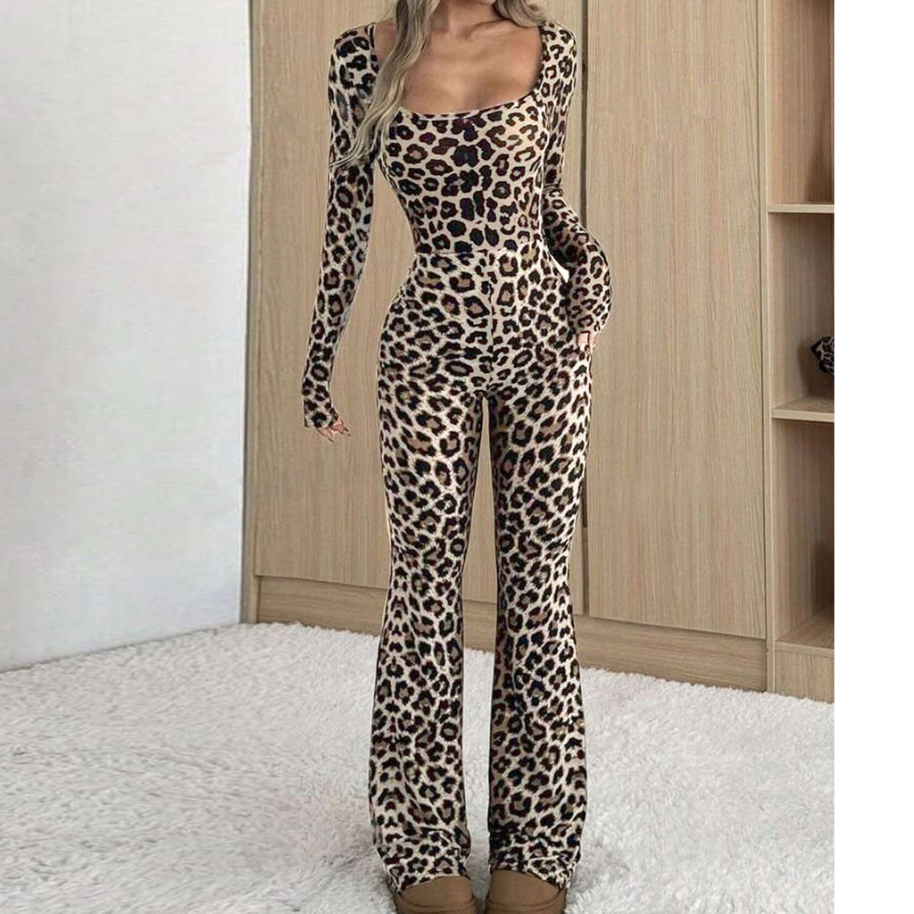 Women's Slim-fit Hip-wrapped Square Collar Leopard Print Jumpsuit