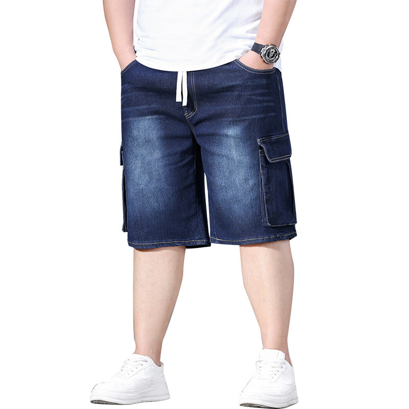 Elastic-cord Cargo Denim Shorts
