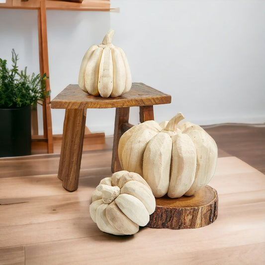Trio de citrouilles en bois de ferme, décorations d'automne rustiques faites à la main