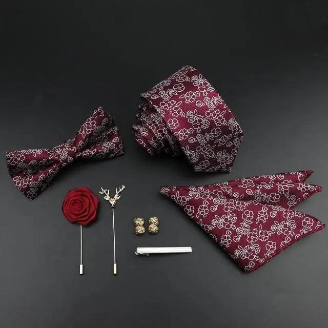 Fashion Red Business Necktie Matching Bowtie Flower Vintage Design Set For Men Self-Tie Bow Tie And Pocket Square Classic Business Tuxedo Wedding Bowties Handkerchief Set Men Necktie And Pocket Square Set