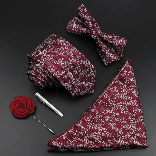 Fashion Red Business Necktie Matching Bowtie Flower Vintage Design Set For Men Self-Tie Bow Tie And Pocket Square Classic Business Tuxedo Wedding Bowties Handkerchief Set Men Necktie And Pocket Square Set