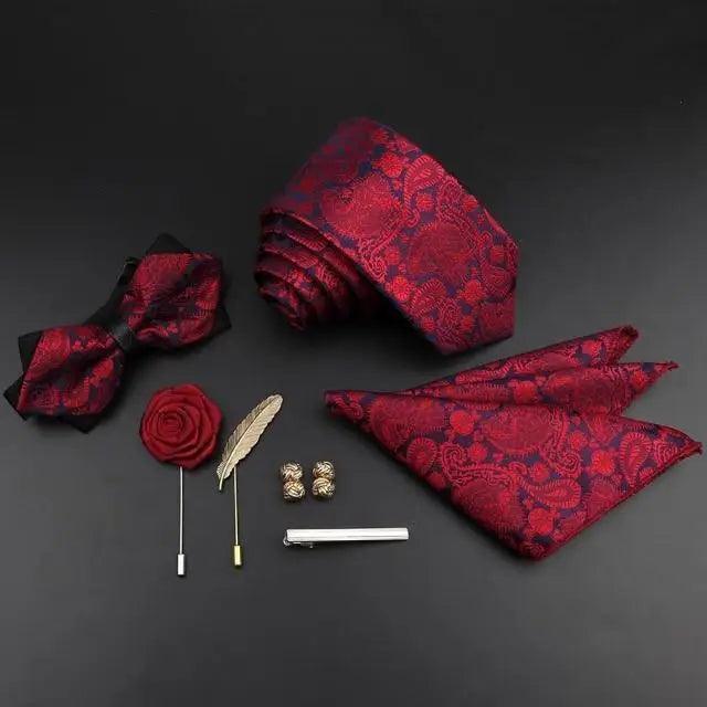 Fashion Red Business Necktie Matching Bowtie Flower Vintage Design Set For Men Self-Tie Bow Tie And Pocket Square Classic Business Tuxedo Wedding Bowties Handkerchief Set Men Necktie And Pocket Square Set