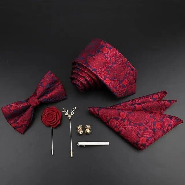 Fashion Red Business Necktie Matching Bowtie Flower Vintage Design Set For Men Self-Tie Bow Tie And Pocket Square Classic Business Tuxedo Wedding Bowties Handkerchief Set Men Necktie And Pocket Square Set