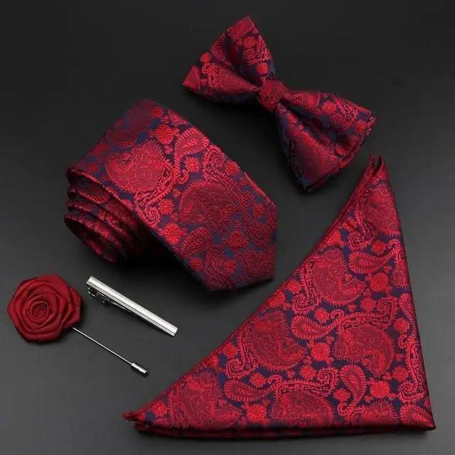 Fashion Red Business Necktie Matching Bowtie Flower Vintage Design Set For Men Self-Tie Bow Tie And Pocket Square Classic Business Tuxedo Wedding Bowties Handkerchief Set Men Necktie And Pocket Square Set