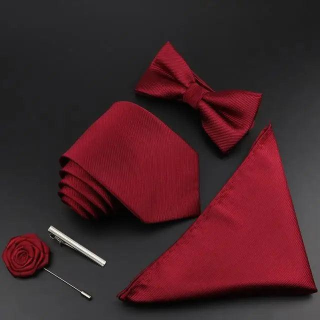 Fashion Red Business Necktie Matching Bowtie Flower Vintage Design Set For Men Self-Tie Bow Tie And Pocket Square Classic Business Tuxedo Wedding Bowties Handkerchief Set Men Necktie And Pocket Square Set