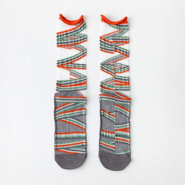 Fashion Women Socks New Spring Summer Mesh Thin Long Printed Socks Women Casual Breathable Fresh Flower Socks Korea Style Color Thin Socks For Women