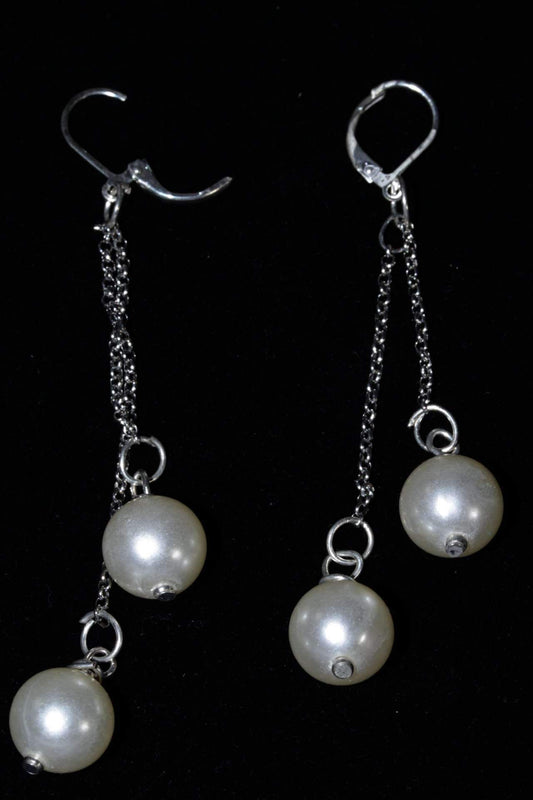 Boucles d'oreilles pendantes fausses perles, longue chaîne argentée, mariée