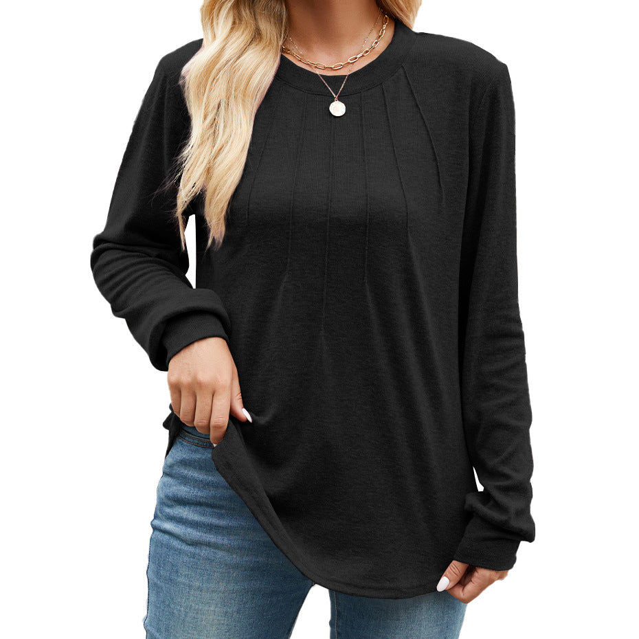 Solid-color Crew-neck Loose-fitting Long-sleeve T-shirt For Women