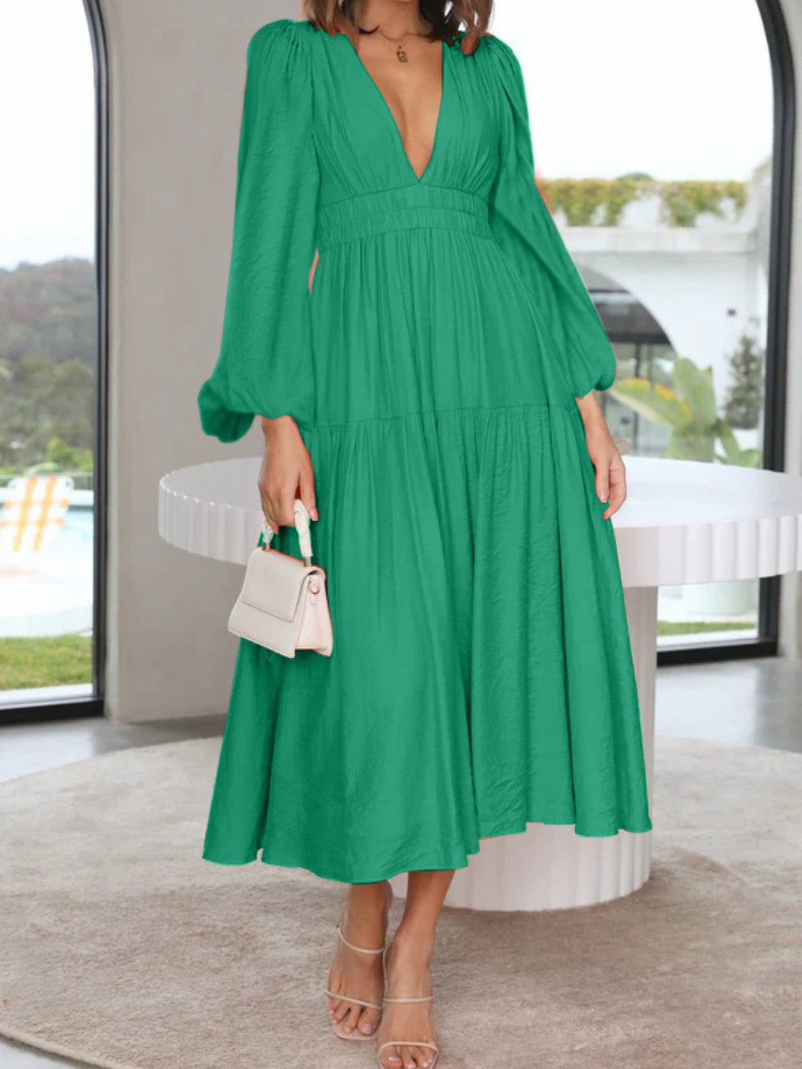Lightweight Deep V-Neck Balloon Sleeve Maxi Dress Elegant & Flowing Silhouette Unique Dress