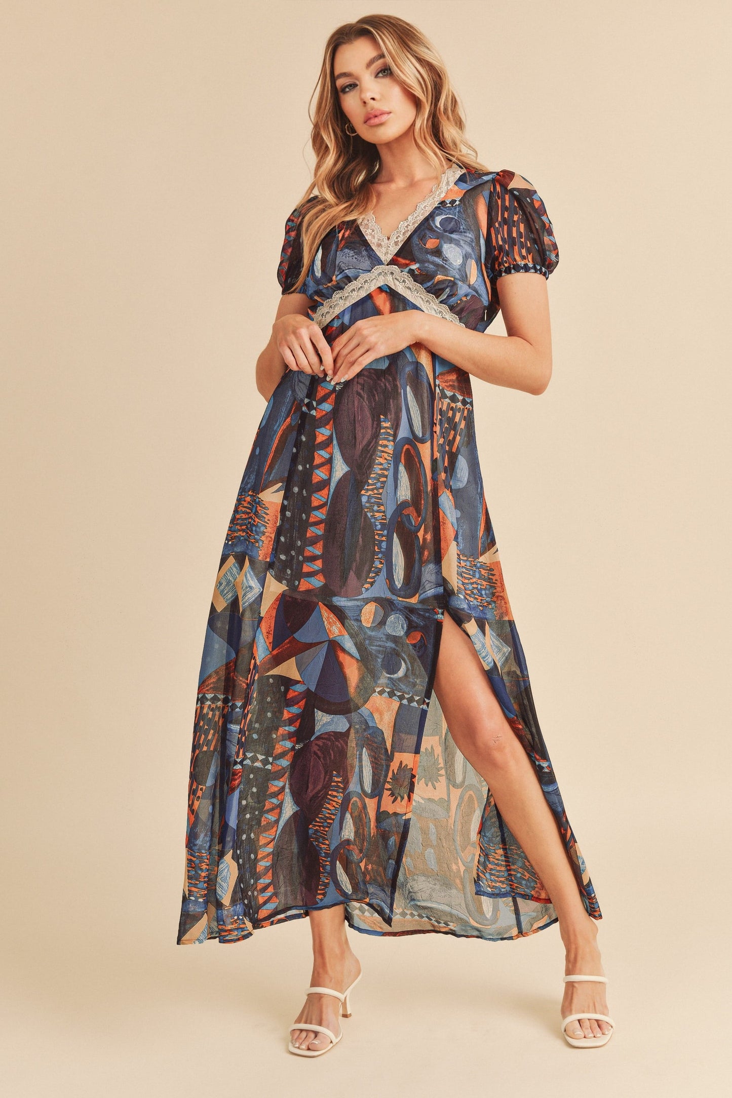 Lace Detail Slit Geometric Print Short Sleeve Comfortable Maxi Dress For Women, Elegant Lace, Alluring Slit, Sophisticated Geometric Print for Casual & Dressy Occasions