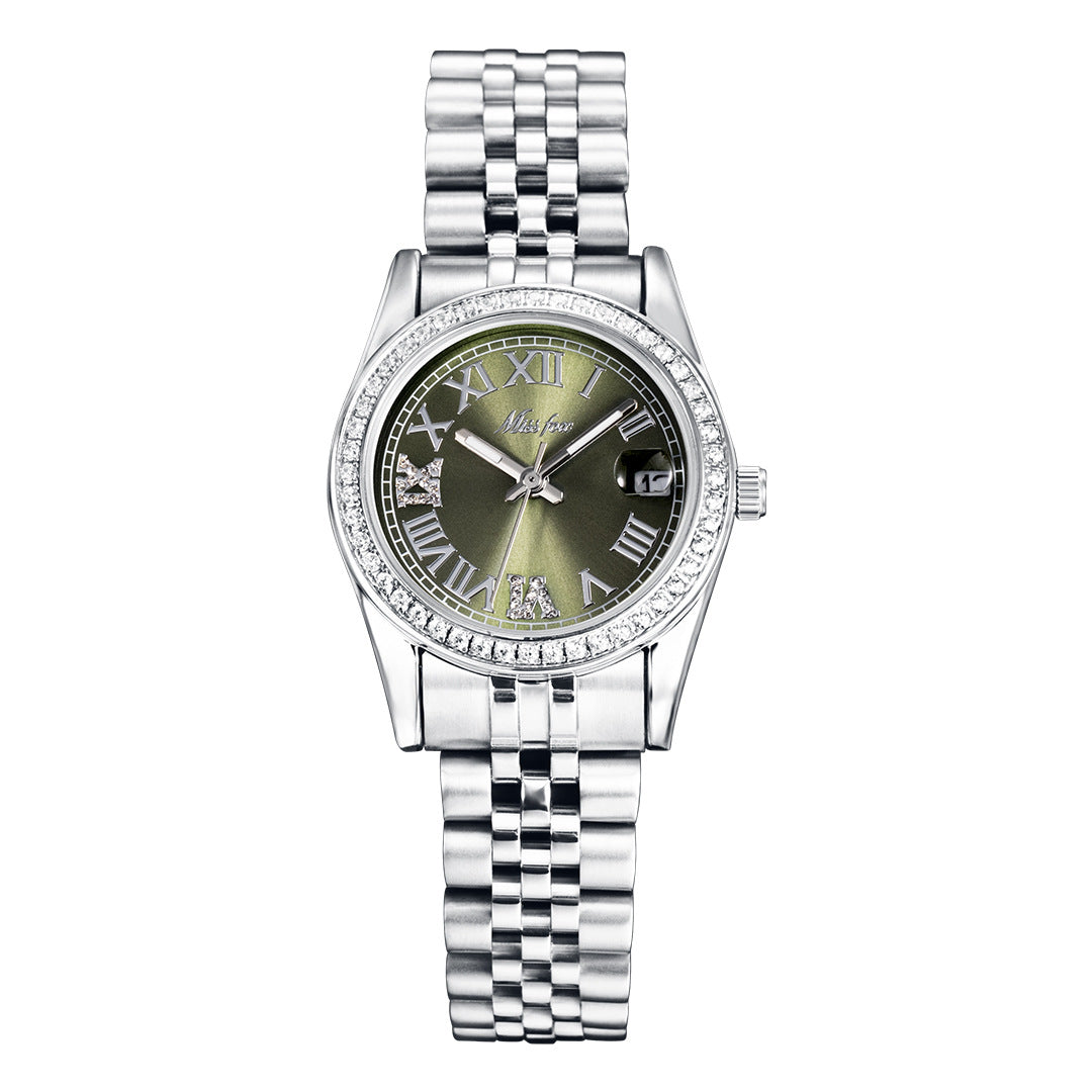 Womens Stylish Minimalist Elegant Luminous Stainless-steel Watch With Diamond Accents