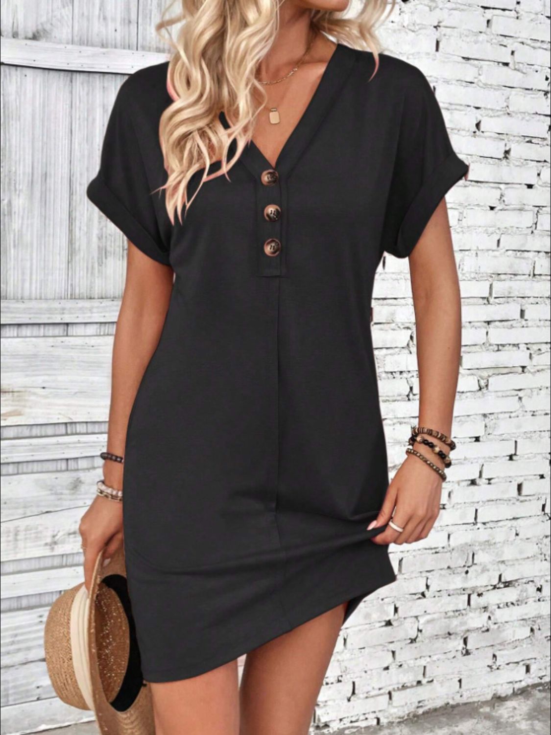 Elegant Button V-Neck Short Sleeve Dress Flattering Casual & Office Wear Simple Dress