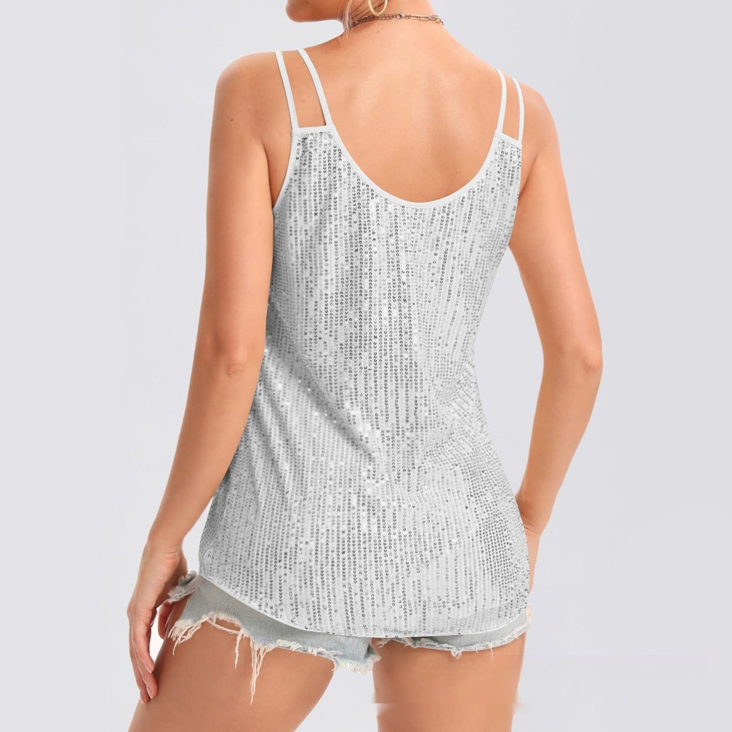 Sequin V-Neck Camisole – Rhinestone Strap Sparkly Top
