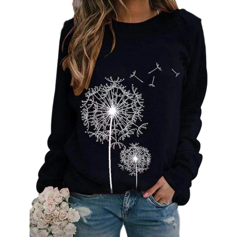 Womens Dandelion-Print Crew-Neck Long-Sleeve Loose Casual Sweatshirt