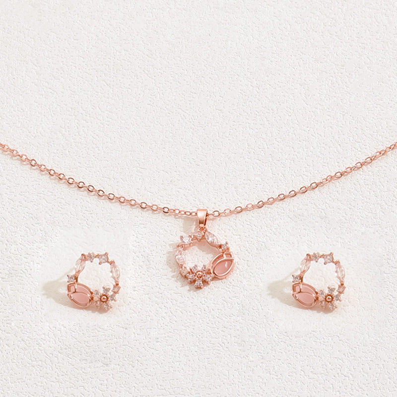 Korean SoftSweet Jewelry Set, Minimal Cubic Zirconia Inlaid Stud Earrings & Niche Design Clavicle Necklace For Women