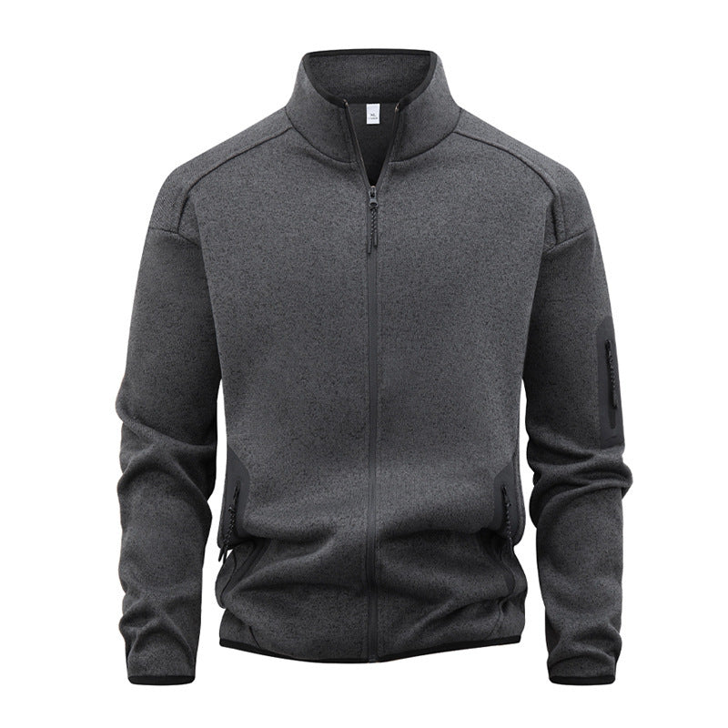 Zippered Pocket Long-sleeve Stand-collar Cardigan Sweatshirt