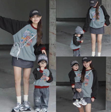 Color-block Raglan Hoodie For Parents And Kids Versatile And Easy To Style
