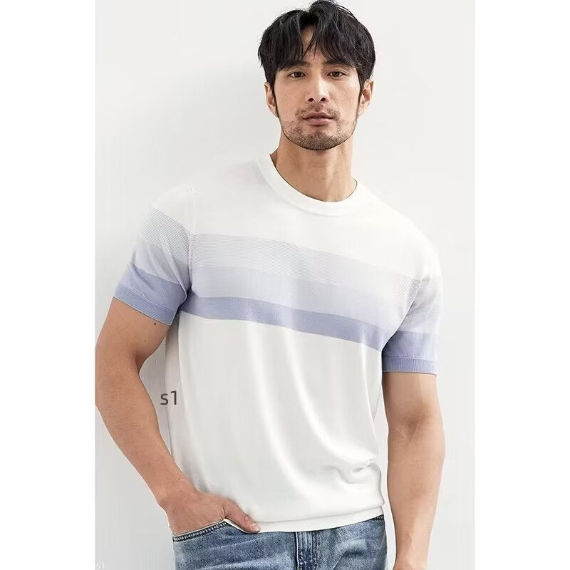Summer New Light Mature Short Sleeve Knitted Sweater Men Gradient Color Block Stripe