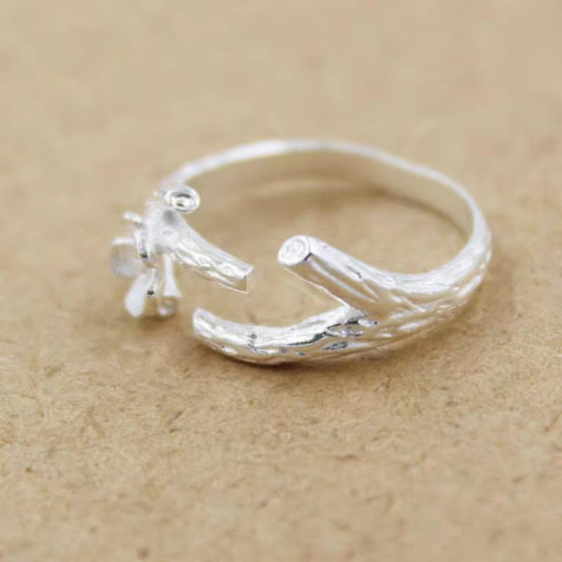 S925 Sterling Silver Open-ring Delicate Flower And Branch Plain Silver Ring