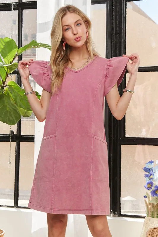 Mineral Washed V-Neck Ruffled Cap Sleeve Dress – Trendy, Comfortable, Playful, Unique Wash For Any Occasion
